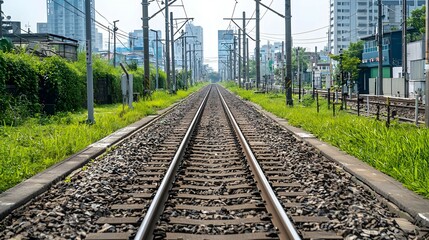 Fototapeta premium Urban Train Tracks Receding into Cityscape