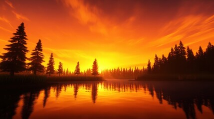 Fototapeta premium A stunning sunset over a calm lake, framed by tall evergreen trees