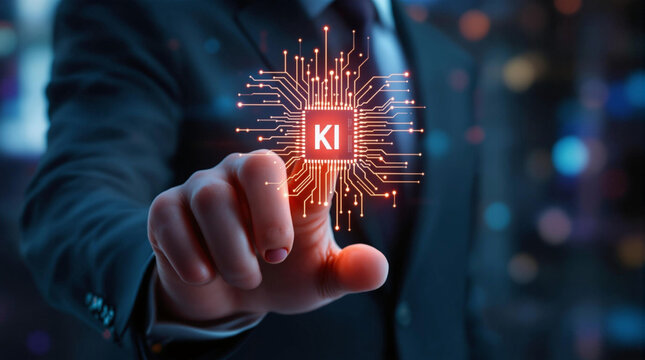 KI K&uuml;nstliche Intelligenz Schaltkreis symbol in Form eines elektronischen PCB-Designs, ber&uuml;hrt von der Hand eines Gesch&auml;fts mans, KI - AI artificial intelligence German sign icon