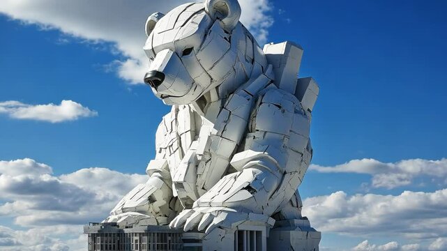 Large architectural sculpture of a bear located in an urban setting with a blue sky and clouds