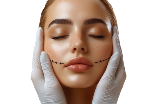 Cosmetic surgery consultation, woman with facial markings, isolated on transparent background