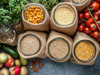 Fresh herbs, grains, and vegetables in jute bags and jars create vibrant grocery scene. This plastic free shopping display emphasizes sustainability and healthy eating