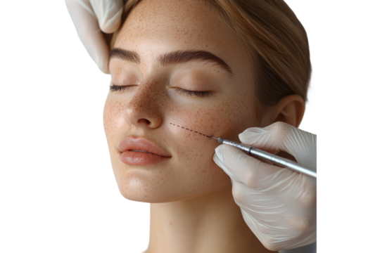 Cosmetic surgery consultation, woman with facial markings, isolated on transparent background