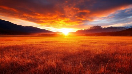Fototapeta premium A breathtaking sunset illuminating a vast golden field with mountains in the background, creating a serene and tranquil atmosphere perfect for nature enthusiasts and photographers.