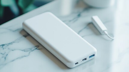 Fototapeta premium White Power Bank on Marble Surface
