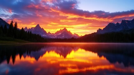 Fototapeta premium A stunning sunset over a serene lake, reflecting vibrant orange and purple hues