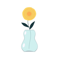 Flower in vase. Yellow flowers collection. Transparent glass vases with blue water. Cute colorful icon. Ceramic Pottery decoration. Flat design. White background. Isolated. Vector illustration