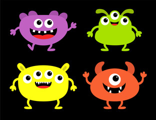 Monster set. Different face. Happy Halloween. Colorful silhouette monsters. Cute kawaii cartoon funny boo character. Teeth, eyes, horns hands. Childish style. Flat design. Black background. Vector