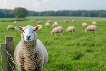 Obraz premium A fluffy sheep stands by a wooden fence in a field of green grass, with other sheep grazing in the distance under a clear sky. A rural scene. 