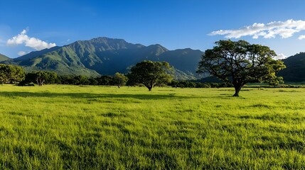 Green Meadow With Trees And Mountains Under Blue Sky