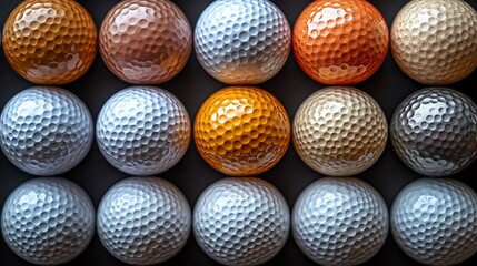 Colorful array of golf balls arranged in rows showcasing various shades and textures