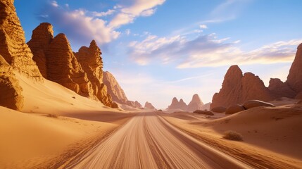 Naklejka premium A stunning desert landscape featuring majestic rock formations, a winding dirt road, and a vibrant sky at sunset, creating a serene ambiance perfect for travel or nature enthusiast