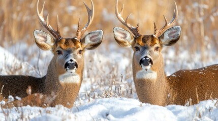 Fototapeta premium Two white tailed deer resting in snowy field