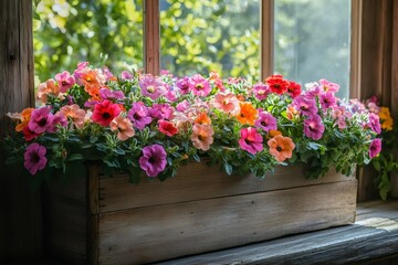 Colorful petunias blooming in wooden planter by window