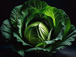 A close-up of a single green cabbage with vibrant leaves