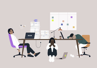 Three individuals navigate the pressures of a bustling office environment, battling fatigue and stress amid towering stacks of paperwork and digital distractions