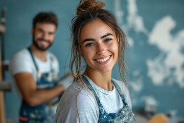 Obraz premium Smiling painter woman looking at camera during home renovation with male coworker on background