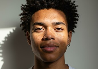 Obraz premium Portrait Young African Male Curly Hair Freckles Natural Light - Celebrating Diversity, Youthful Vitality, Positive Emotions Marketing Advertising
