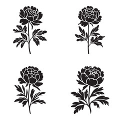 Four stylized, black silhouette peony flowers with leaves on a white background. © Parvez