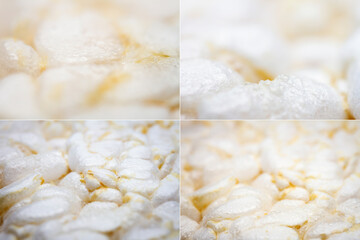 Collection of images with extreme close up of diet rice cracker texture. Shallow depth of field, selective focus.