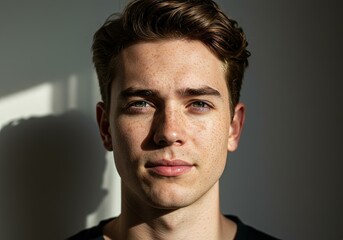Obraz premium Youthful Caucasian Male Portrait Freckles Light Brown Hair Natural Light - Casual Headshot Personal Branding Social Media
