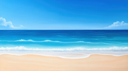 A tranquil beach scene featuring soft golden sand and gentle ocean waves under a bright blue sky, creating a serene atmosphere perfect for relaxation and escape.