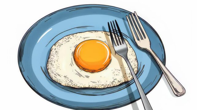 Creative Drawing of Fried Egg on Blue Plate with Fork on White Background for Culinary and Kitchen Art Design
