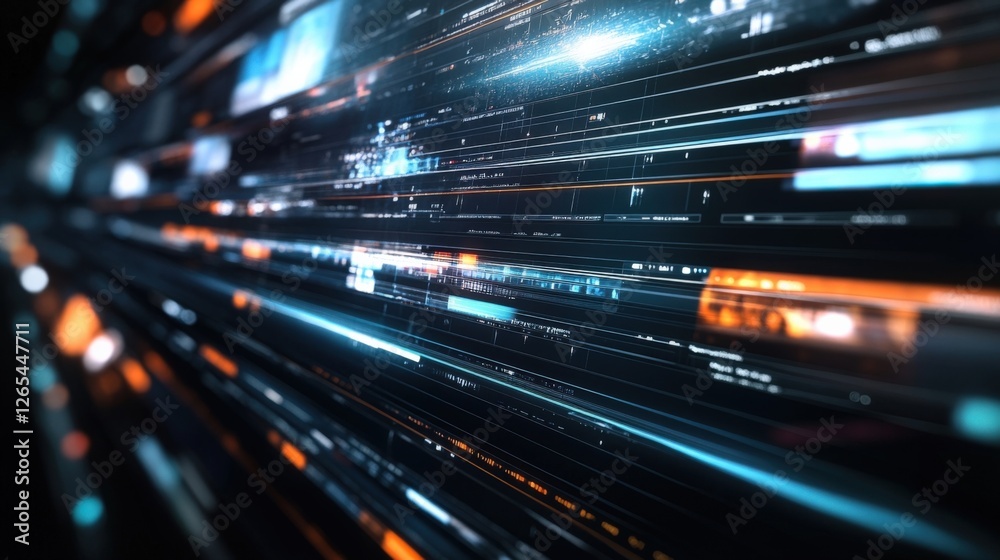 Poster futuristic screen showing fast flow of information and big data processing with light trails and blu