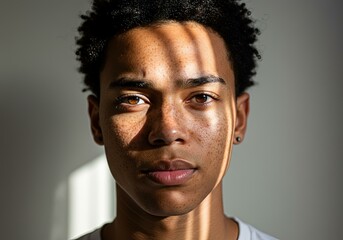 Obraz premium Young African Male Portrait Freckles Natural Light - Authentic Diversity Inclusion Photography Social Media, Personal Growth, Self-Discovery