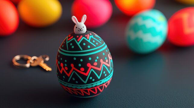 A colorful Easter egg with intricate designs and a small bunny figure sits prominently, surrounded by other vibrant eggs on a dark background.