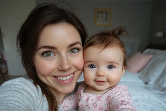 Happy mother making selfie with her cute infant baby daughter, sitting in bedroom at home. Motherhood moments, Generative AI