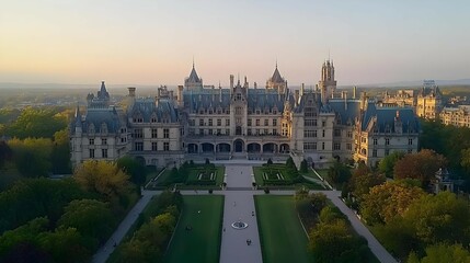 Fototapeta premium Grand Castle Estate at Sunset Aerial View