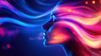 A vibrant illustration of a woman's silhouette surrounded by dynamic, colorful waves of light, representing creativity and emotions in motion, evoking strength and inspiration.
