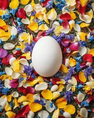 A white egg surrounded by a vibrant array of colorful flower petals on a textured surface.
