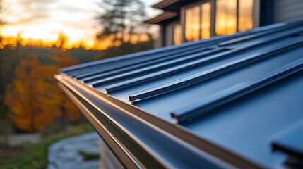 Close-up of a modern metal roof with sunset backdrop, showcasing architectural design