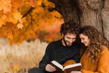 A couple sitting under a large oak tree, sharing a book together in the fall, surrounded by vibrant autumn leaves and a peaceful atmosphere