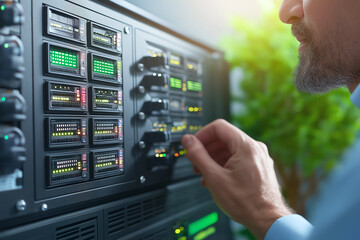 technician operates futuristic energy control center, adjusting modular equipment with glowing indicators, showcasing advanced technology and efficiency