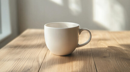 Minimalist white coffee mug, warm wooden table, natural light, cozy atmosphere, copy space.