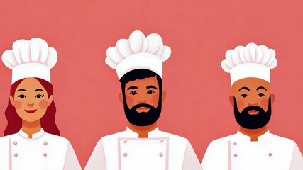 Multicultural Team of Chefs Illustrating Culinary Collaboration on Coral Pink Background