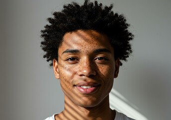 Obraz premium Smiling Young African Male Curly Hair Freckles Soft Light - Youthful Diversity Natural Beauty Social Media Campaigns Celebrating Positivity Self-Expression