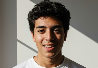 Obraz premium Cheerful Young Hispanic Male Curly Hair Natural Light - Vibrant Portrait New Year Marketing Campaigns Targeting Young Adults