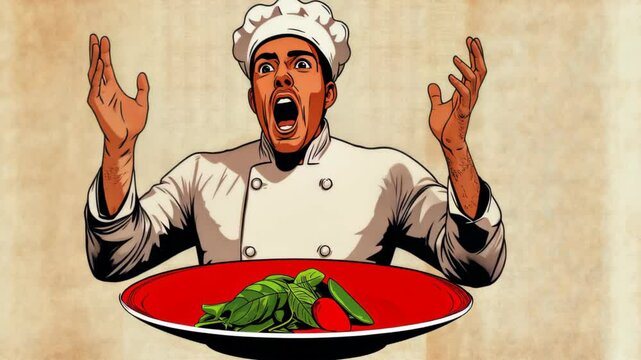 Frustrated Chef in White Uniform Expresses Anger Over Plate with Vegetables in Artful Illustration