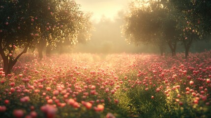 Fototapeta premium Sunrise orchard field of pink flowers