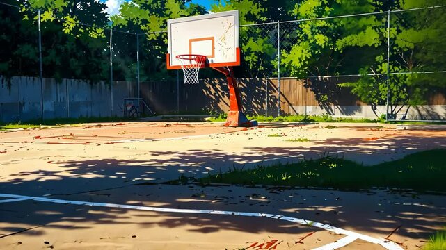 Video footage of outdoor basketball court with a single hoop, surrounded by trees and a fence. The court is partially covered with leaves and debris, indicating infrequent use