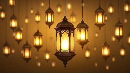 Obraz premium Ramadhan Lantern Glow A warm, golden background with softly glowing fanous lanterns, creating an elegant and spiritual ambiance