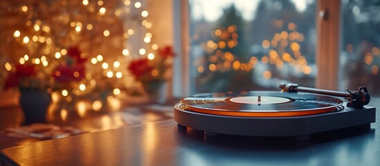 Obraz premium Cozy living room with a vintage turntable playing music, decorated for the holidays