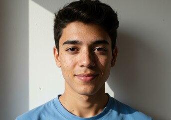 Obraz premium Smiling Young Hispanic Male Freckles Casual Blue Shirt - Youthful Portrait Natural Light New Year Social Media Campaigns Celebrating Diversity Fresh Beginnings