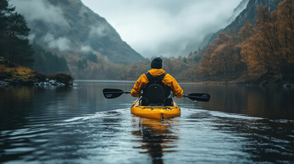 Person with a disability kayaking across a calm lake, their paddle cutting smoothly through the water
