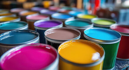 Numerous cans of paint in a variety of colors are displayed on a wooden table, providing options for artistic projects and home improvement tasks