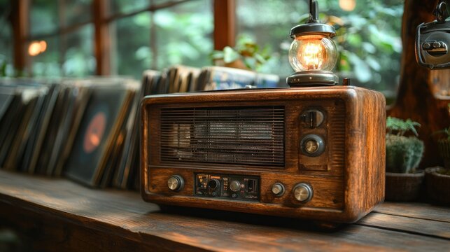 Vintage radio on wooden table by window with records and lamp